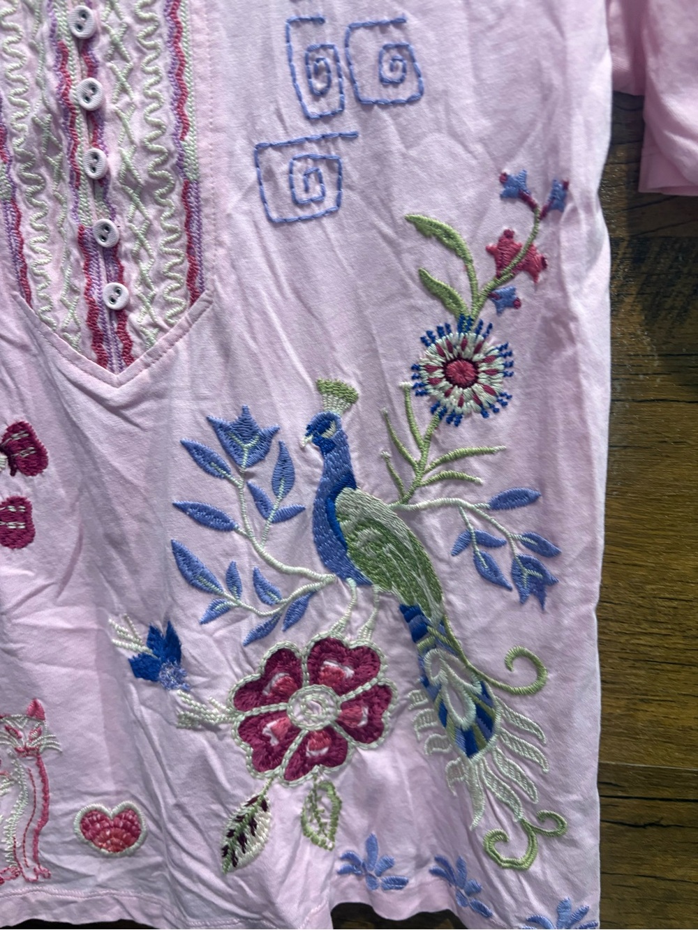 Johnny Was Pink Embroidered Tee with Floral & Bird Motif - Picture 3 of 9